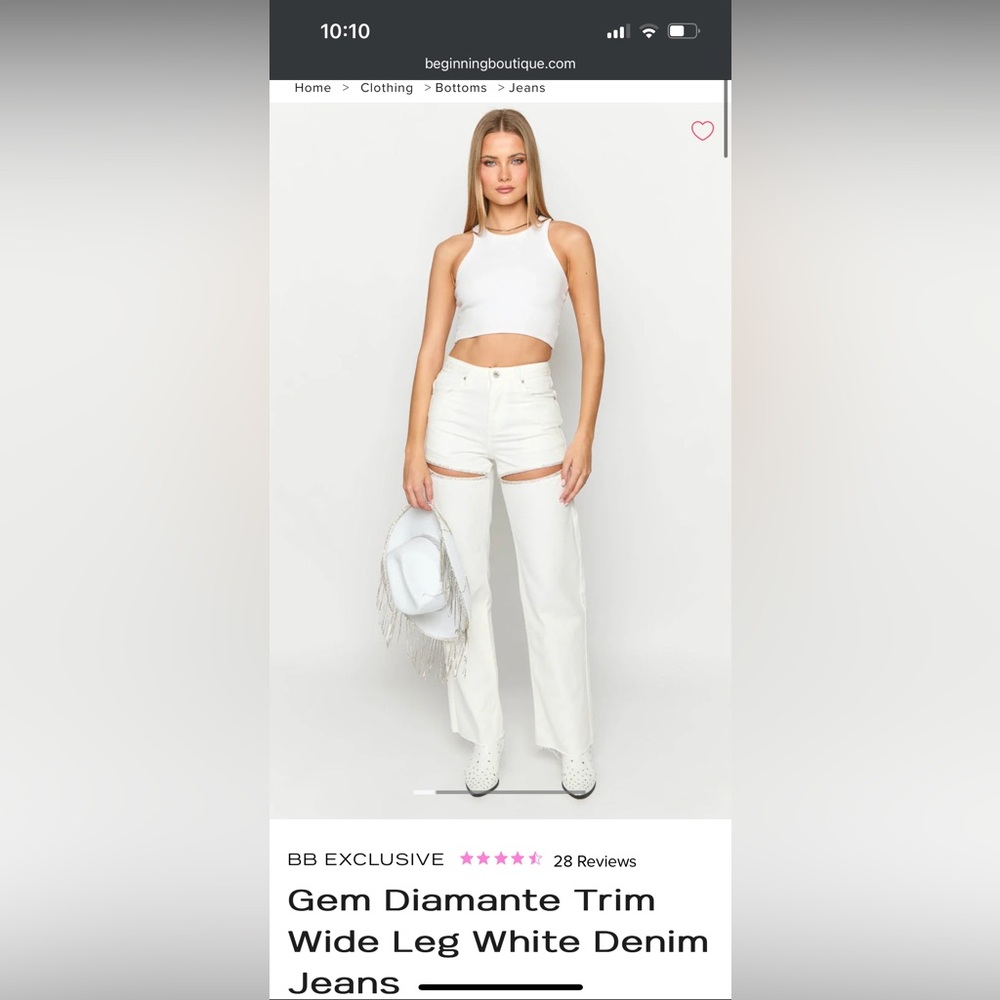 Gem Diamante Trim Wide Leg White Denim Jeans